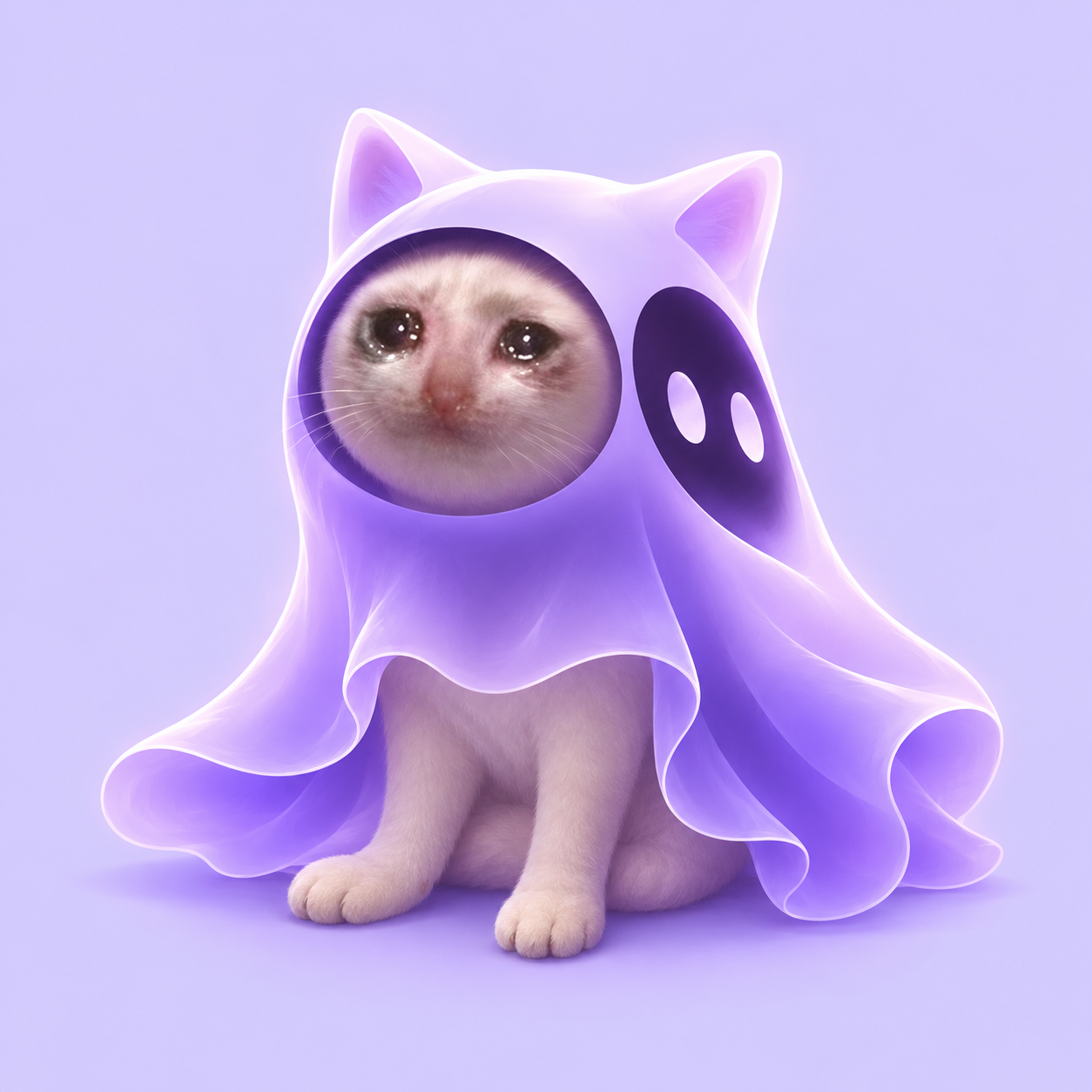 A wide-eyed kitten in a glowing lavender ghost costume